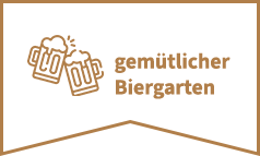 Ein Icon mit zwei Krügen Bier und "Gemütlicher Biergarten" Schrift - Symbol für eine entspannte Atmosphäre, gute Laune und ein gutes Bier in einem gemütlichen Biergarten-Ambiente.